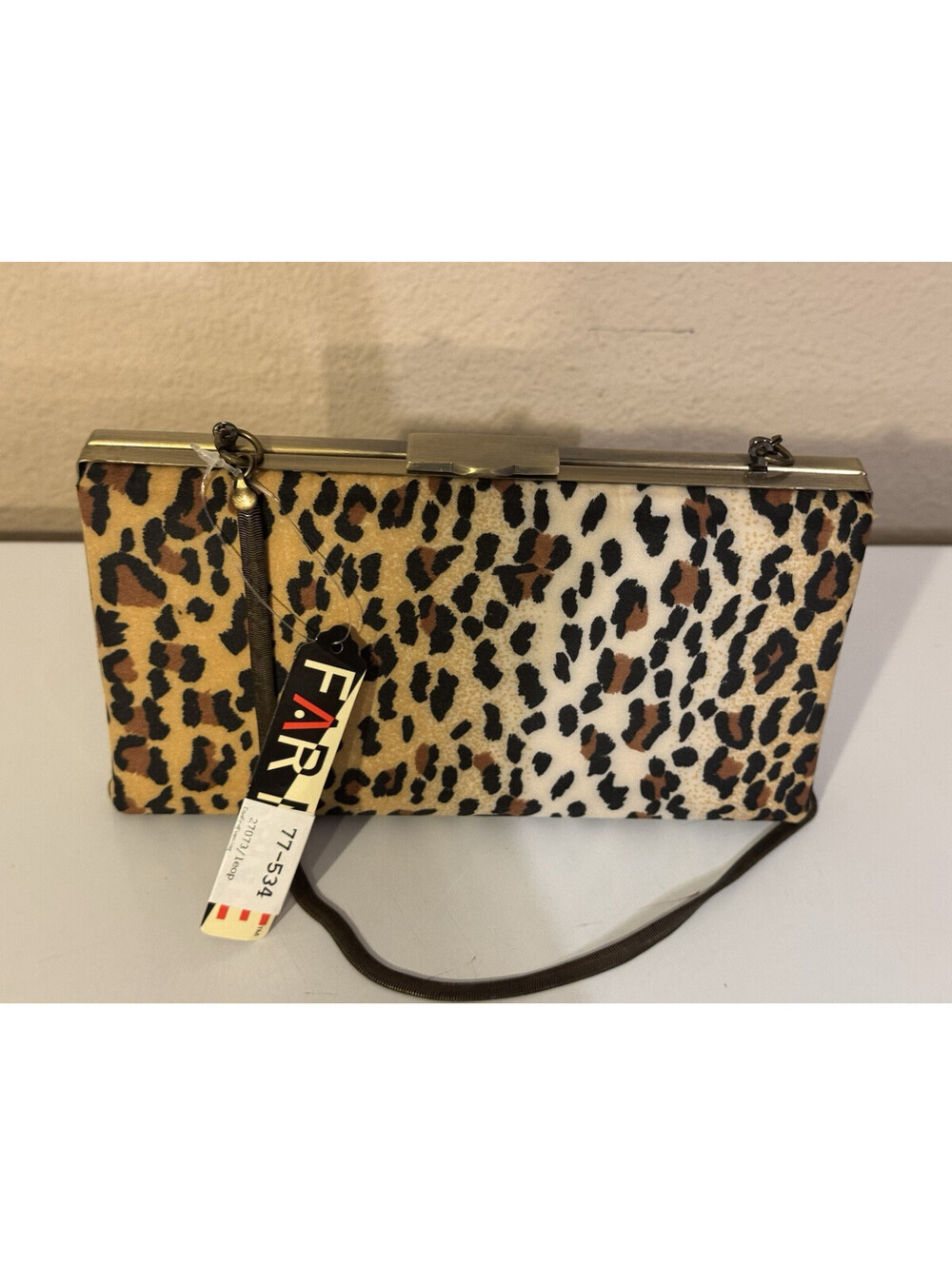 Far Nine Leopard Print Hard Case Clutch w/ Detachable Shoulder Strap, Clasp